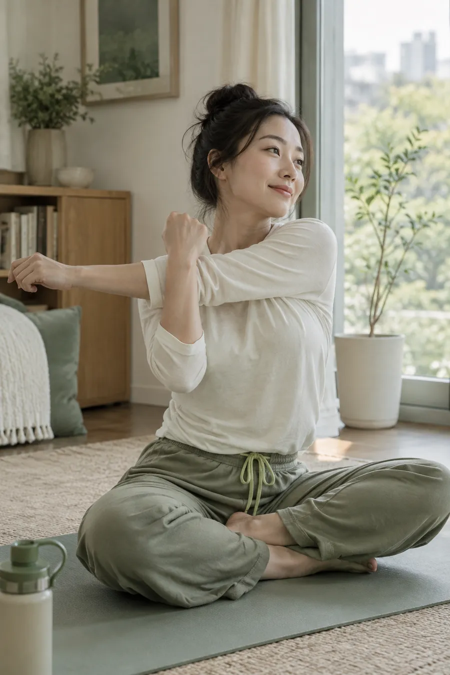 매트 위에서 어깨를 푸는 사람